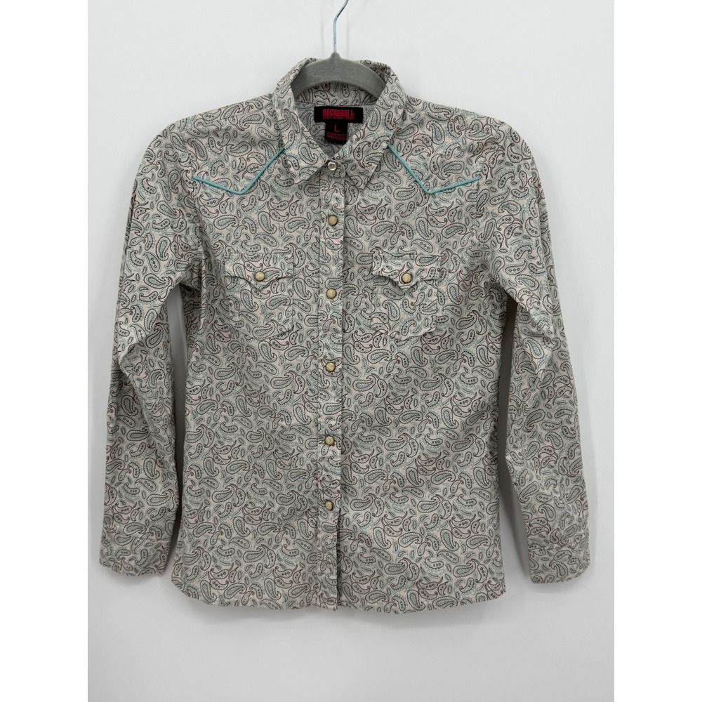 Rock & Roll Denim Western Shirt Womens L Blue Paisley Pearl Snap Long‎ Sleeve